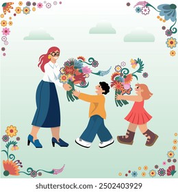 A vector illustration depicting children presenting flowers to their teacher,with the scene adorned with ethnic-style floral decorations.It can be used as teacher appreciation and gifts,classroom  - Powered by Shutterstock