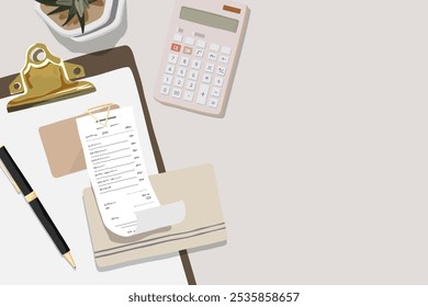 Vector Illustration of a desk with a calculator, clipboard, and pen. Pen and calculator on background with copy space for accountant, financial management, and budgeting concept. - Powered by Shutterstock