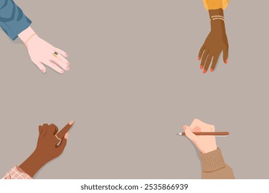 Vector Illustration of diverse hands on a table. Different skin tones, diverse hands, teamwork. Hands writing, pointing, diverse hands collaborating on a project on background with copy space. - Powered by Shutterstock