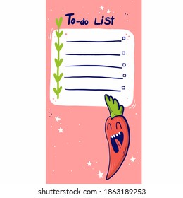 Vector illustration of to do list with funny red chili pepper and stars on pink background