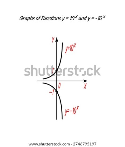 Vector illustration of exponential function y = 10^x and its reflection y = -10^x. Shows exponential growth, negative exponential curve, horizontal asymptote at y = 0, and transformation on Cartesian coordinate system.