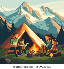 Vector illustration of a family camping in the mountains, sitting around a campfire near a tent, roasting marshmallows. Snow-capped peaks and pine trees are visible in the background. - Powered by Shutterstock