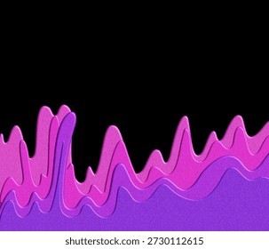 A vector illustration featuring dynamic, hand-drawn abstract waves in vibrant purple and pink gradient colors. The design uses a modern 3D paper cutout or liquid effect with drop shadows, creating depth and a trendy aesthetic. Ideal as a background or graphic element for projects related to technology, music, art, websites, or event promotions