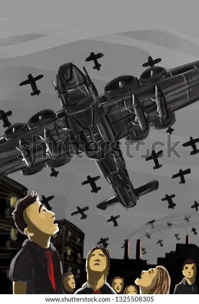 Vector illustration of futuristic war planes above\
the heads of young\
people