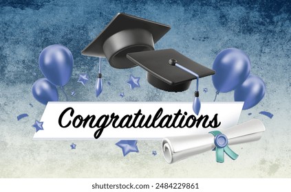 Vector illustration of graduate cap and diploma scroll on blue background. 3d style design of congratulation graduates 2024 class with graduation hat and air balloon. Congratulations word for banner - Powered by Shutterstock