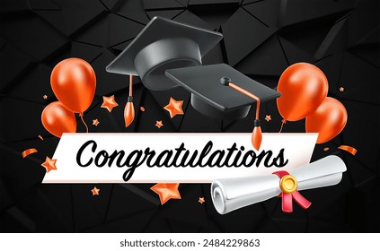 Vector illustration of graduate cap and diploma scroll on blue background. 3d style design of congratulation graduates 2024 class with graduation hat and air balloon. Congratulations word for banner - Powered by Shutterstock