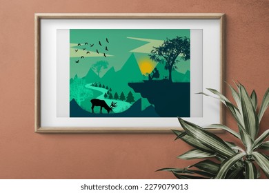 vector illustration graphic design green forest for cover design, background. Sun rising vector mountain and deer eating grass hiking man sitting with his dog