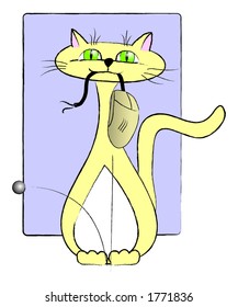 Vector illustration of a happy, proud, yellow kitty with bright green eyes holding a scratched up computer mouse by the frayed cord as the mouse-ball bounces to the floor.
