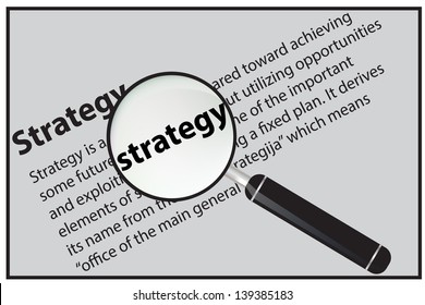 Vector illustration of magnifying glass that magnifies the word strategy
