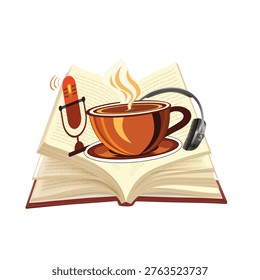 Vector illustration of an open book with a steaming cup of tea or coffee, symbolizing cozy reading, relaxation, and storytelling.