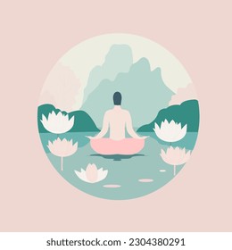 vector illustration of a person in lotus pose surrounded by nature. Calming pastel colors, minimalistic style. Ideal for promoting wellness, yoga, and meditation classes or articles. - Powered by Shutterstock