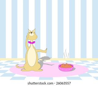 Vector Illustration Of A Picky Cat Holding It's Nose At A Bowl Of Food.