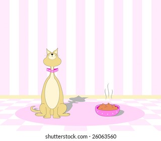 Vector Illustration Of A Picky Cat Turning Up It's Nose At A Bowl Of Food.