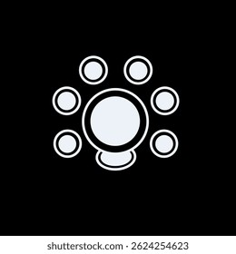 A vector illustration of a round table with six surrounding chairs, created in a clean, minimalist style with a black background. Ideal for use in presentations, infographics, app icons,
