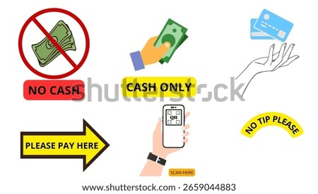 Vector illustration showing payment methods: cash and non-cash. Includes symbols for money, cards, QR codes, and digital wallets in a simple flat design.