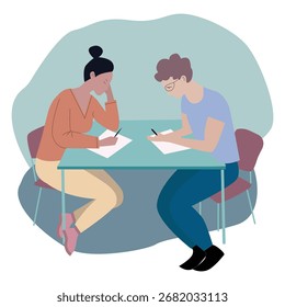Vector illustration of students sitting at a table, engaged in study and discussion, drawn in a clean minimal style with simple details