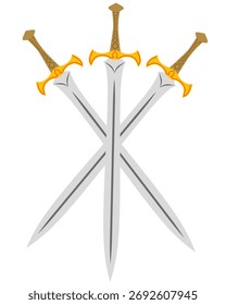 Vector illustration of three crossed silver swords with golden hilts, symbolizing unity, strength, and medieval heroism