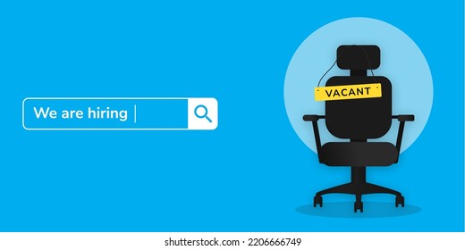 Vector illustration of a 'We Are Hiring' poster featuring an office chair, representing job opportunities and recruitment.  - Powered by Shutterstock