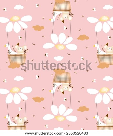 Vector image with 2 animal characters, a duck and a koala, on a parachute replaced by a flower, with a pink background.