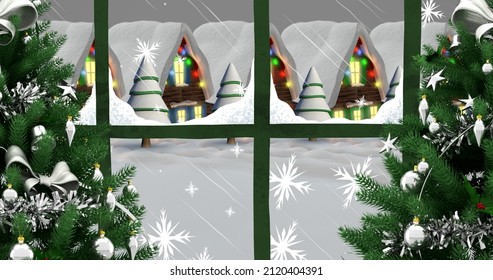 Vector Image Of Decorated Snow Covered Houses And Christmas Trees Seen Through Window At Night. Christmas Festivity, Tradition And Winter Holiday.