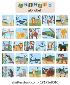 Vector letters of the alphabet with cute animals for kids education. Hand drawn style characters and latin letters. 