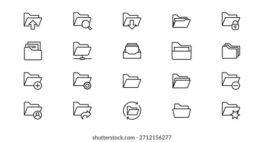 Vector line folder icons set. Vector black line folder icons set. Minimal folder file line icons related items black white thin vector set. Digital organization and data management icons folder.