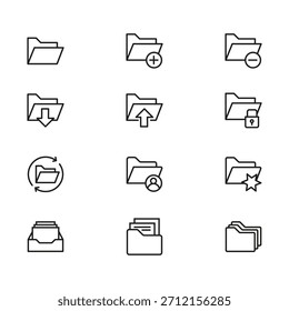 Vector line folder icons set. Vector black line folder icons set. Minimal folder file line icons related items black white thin vector set. Digital organization and data management icons folder.