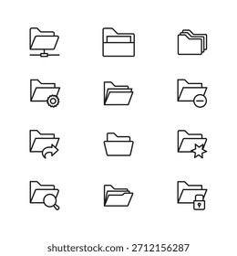 Vector line folder icons set. Vector black line folder icons set. Minimal folder file line icons related items black white thin vector set. Digital organization and data management icons folder.