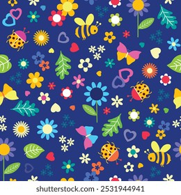 Vector navy spring floral butterfly bee and beetle seamless pattern background. Use for fabric, wallpaper, design and scrapbooking projects. - Powered by Shutterstock