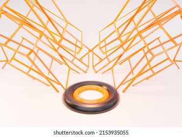 Vector Objects 3d Shape. Minimal Abstract Background. Poster With Realistic Geometric Volumetric Shapes, Scene With Geometrical Color 3D Geometric Shapes Forms, Blach Round Platform, 3D Rendering. 3D 