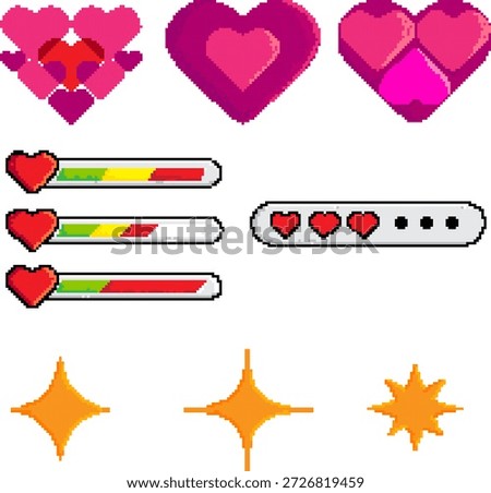 Vector pixel art set featuring pink hearts, gaming status bars, life meters, and golden sparkles. Ideal for retro gaming UI, HUD design, and indie game development. Clean, vibrant pixelated icons for health, stamina, or love levels.