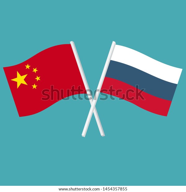 中国とロシアのベクター政治のアイコン国旗 中国やロシアの国旗が交差し なびく画像 イラスト中国とロシアの国旗をフラットデザインに のイラスト素材