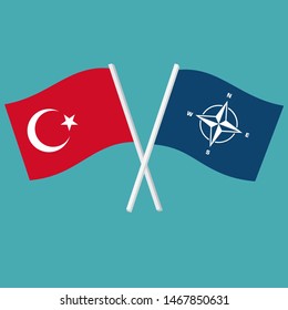 Vector Political Icon Flags Of Turkey And NATO. Image Turkey NATO Flags Are Crossed. Image Turkish And NATO Flags In Flat Style