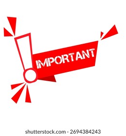 Vector red label design with exclamation icon, text “Important”. Warning or announcement tag.