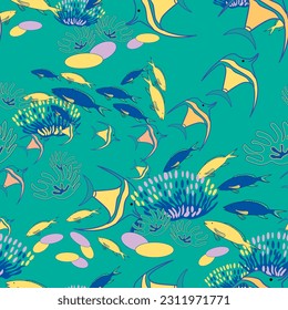 Vector Sea green background Realistic Coral Reef fish seamless repeat pattern illustration perfect for fabric  wallpapers  scrapbooking   beach related projects