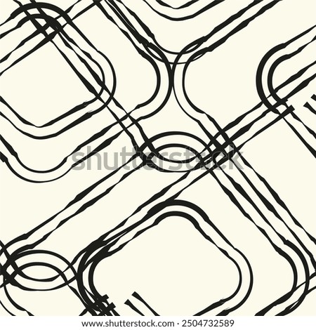 Vector seamless black and white thin lines irregular maze pattern. Abstract geometric background design