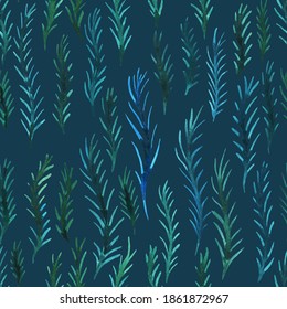 Vector seamless pattern and wildflowers  herbs   herbs  Thin thin lines silhouettes various plants    lavender  chicory  yarrow  dill  queen anne lace  Blue   green turquoise background 