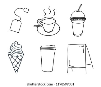 Vector set consist of tea bag, hot coffee cup, iced coffee cup, ice cream cone and shop sign. Doodle in black and white.