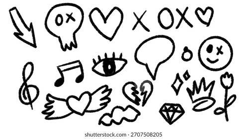 Vector Set of Hand-Drawn Black Doodle Icons and Emojis