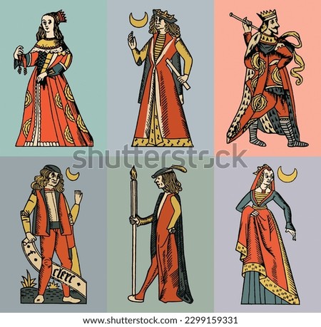 Vector set of king, prince and queen. Isolated on color background.