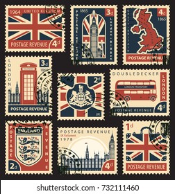 Vector Set Of Postage Stamps With British Flag, Uk Map, Uk Parliament, London Big Ben, Coats Of Arms Of England And Great Britain And Other British Symbols