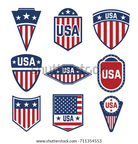 Vector set of the USA labels. Emblems with american flags. Design elements for logo, label, emblem,sign. 