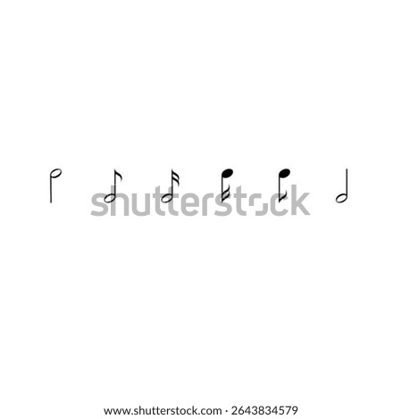 The vector shows six different musical notes, each representing distinct rhythmic values, arranged in a horizontal line on a white background.
