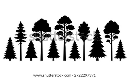 Vector silhouette set of forest trees in different heights and shapes, minimalist black icons, flat design, uniform stroke weight, solid fill, nature symbol pack, isolated on white background