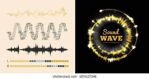 Vector sound waves set on black and white background. Soundwave amplitude equalizer design