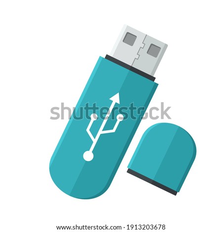 Vector tech USB flash drive icon. USB Flash memory stick with connection mark. Illustration of flash drive memory stick in flat minimalism style.