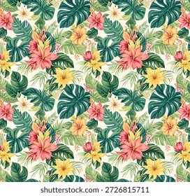 Vector tropical pattern with palms and hibiscus. Amazing vector tropical pattern. intricate Palms and hibiscus. Vector botanical. black, dark colors. fashion print.