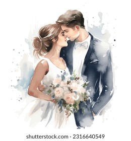 Vector watercolor illustration very cute wedding couple married with flowers colorful isolated on white background clip art. - Powered by Shutterstock