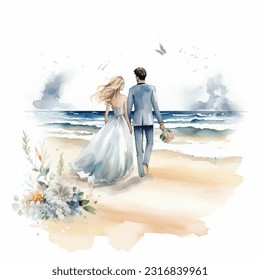 Vector watercolor illustration very cute wedding couple married with flowers colorful on sea beach from back isolated on white background clip art. - Powered by Shutterstock