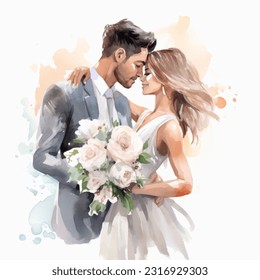 Vector watercolor illustration very cute wedding couple married with flowers colorful isolated on white background clip art. - Powered by Shutterstock